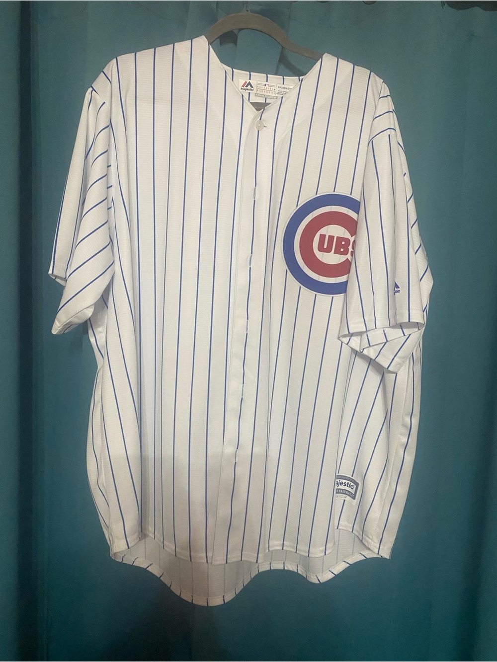 Majestic White Pinstripe Chicago Cubs Jersey with Blue and Red Logo